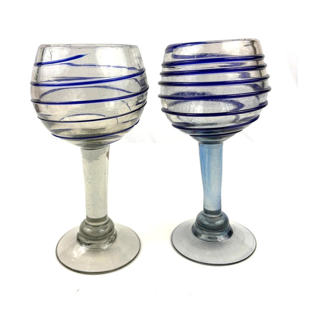 Set 2 Hand Blown Mexican Glass Wine w/ Blue Swirl Bubbles‎